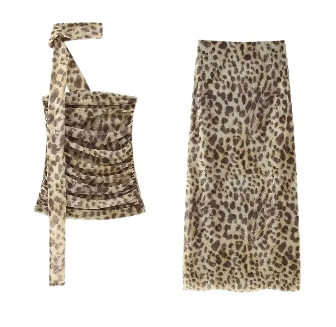 Two-piece leopard outfit (asymmetric top and long skirt)