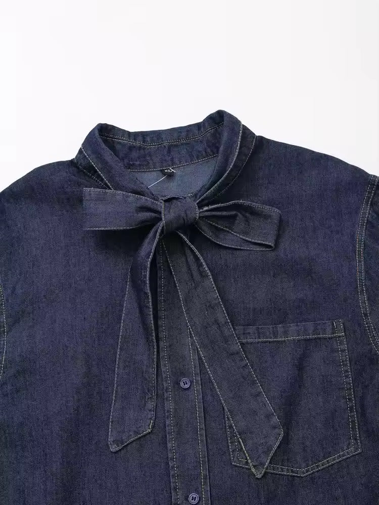 Denim-Bluse mit Schleifenkragen