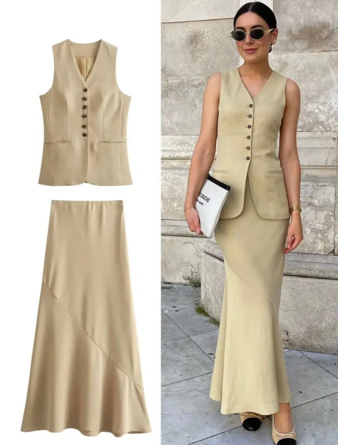 Two-piece women's outfit with vest and skirt in beige