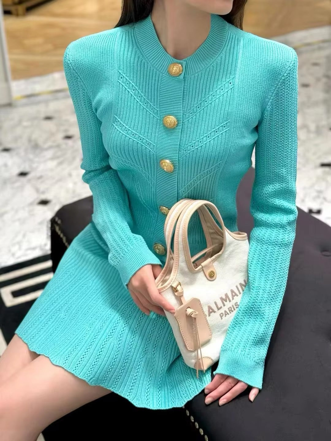 Two-piece knit set with gold buttons