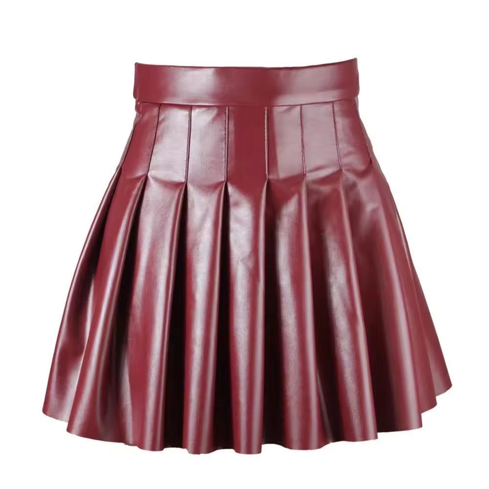 Black leather pleated skirt
