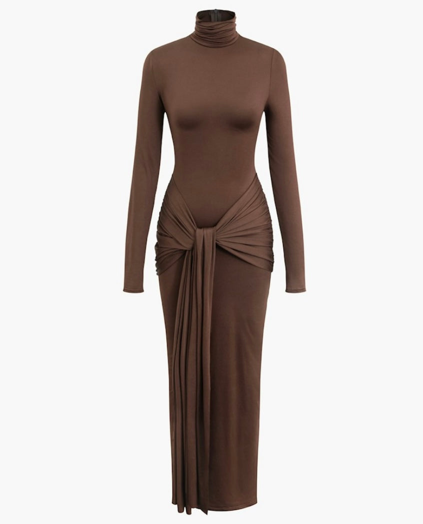 Long Sleeve Brown Maxi Dress with Knot Detail