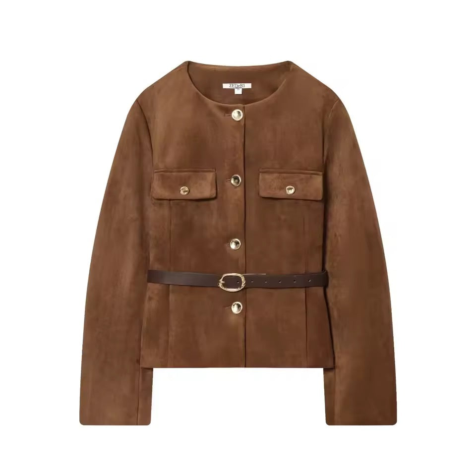 Wildleder-Optik Jacke mit Gürtel