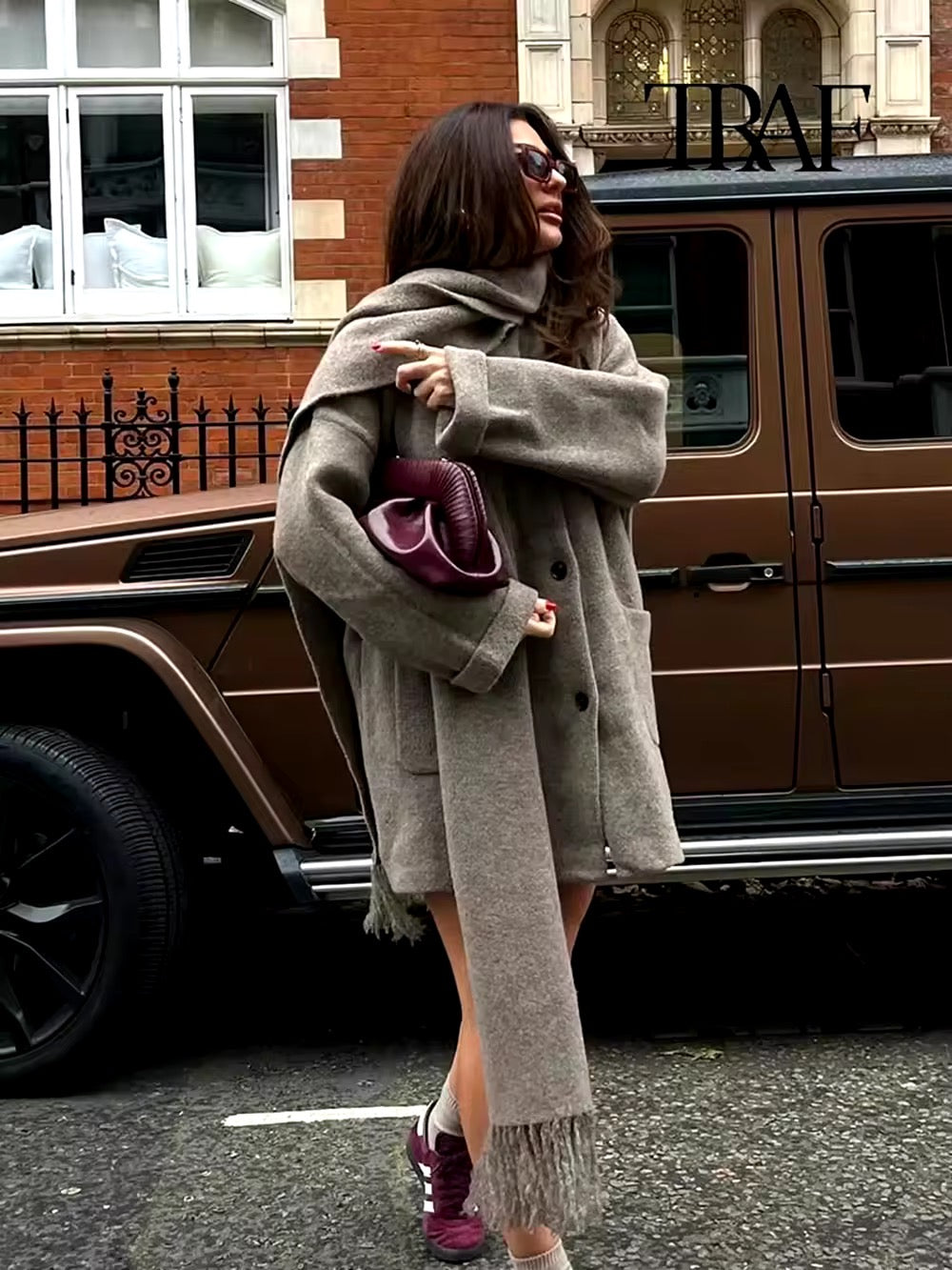 Stylish oversized coat with scarf