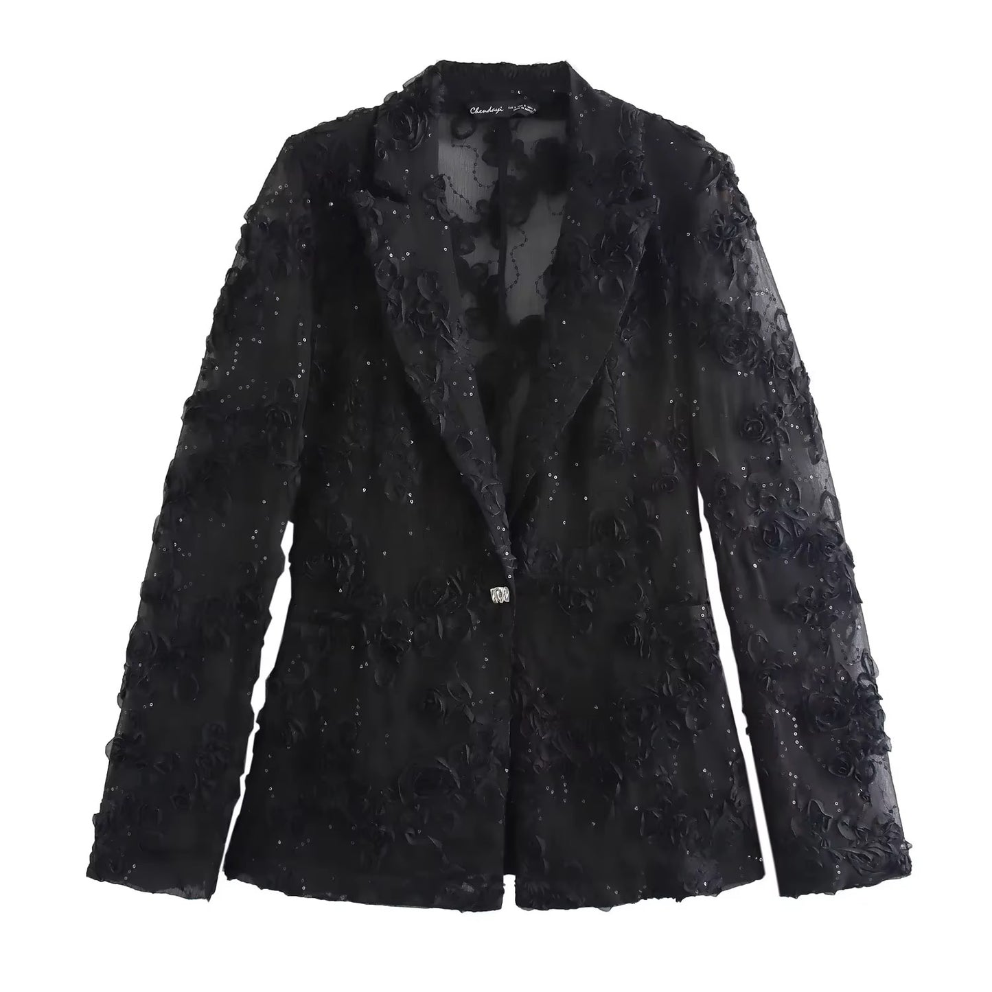Eleganter schwarzer Blazer-Anzug mit 3D-Blumenstickerei