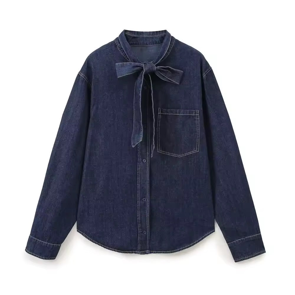 Denim-Bluse mit Schleifenkragen
