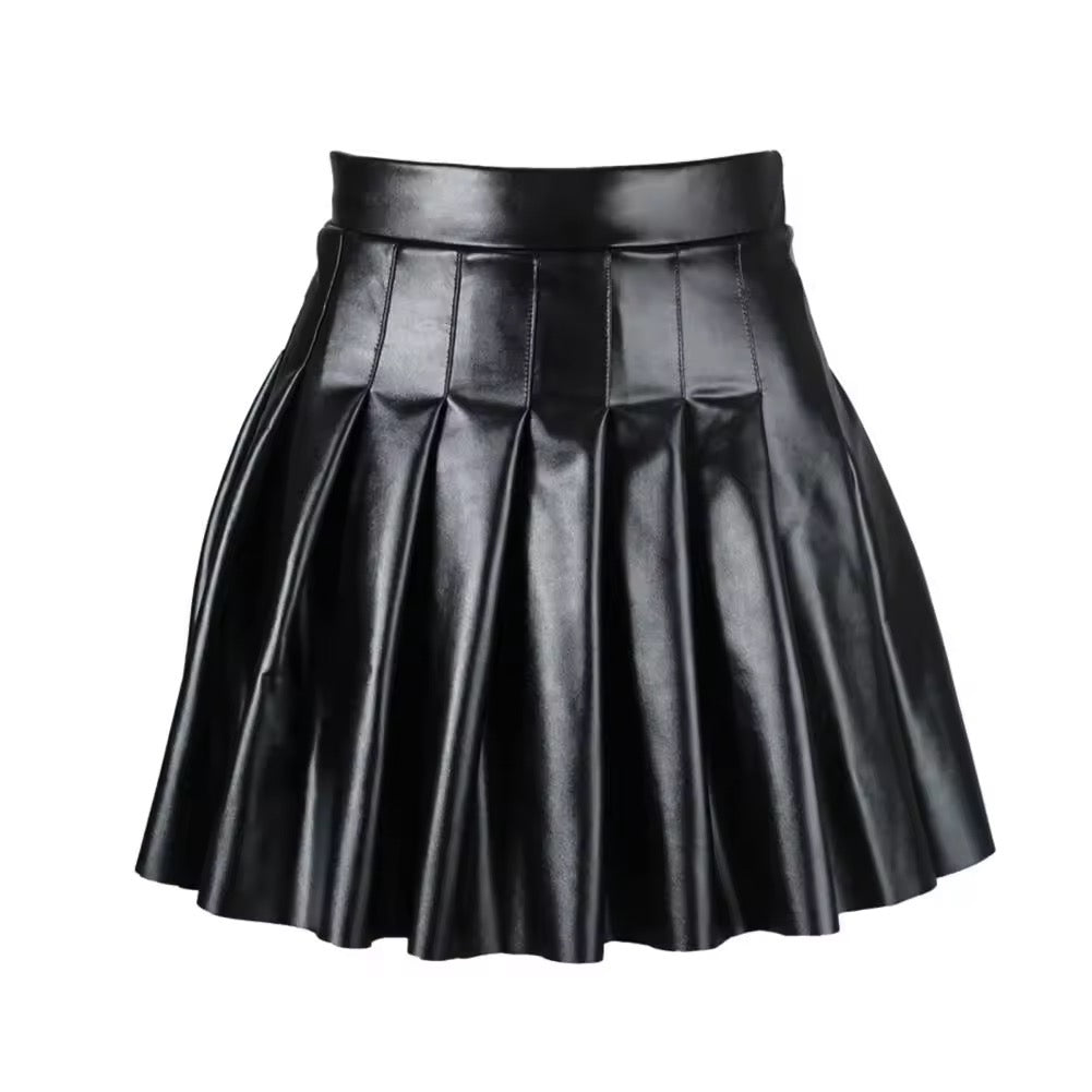 Black leather pleated skirt