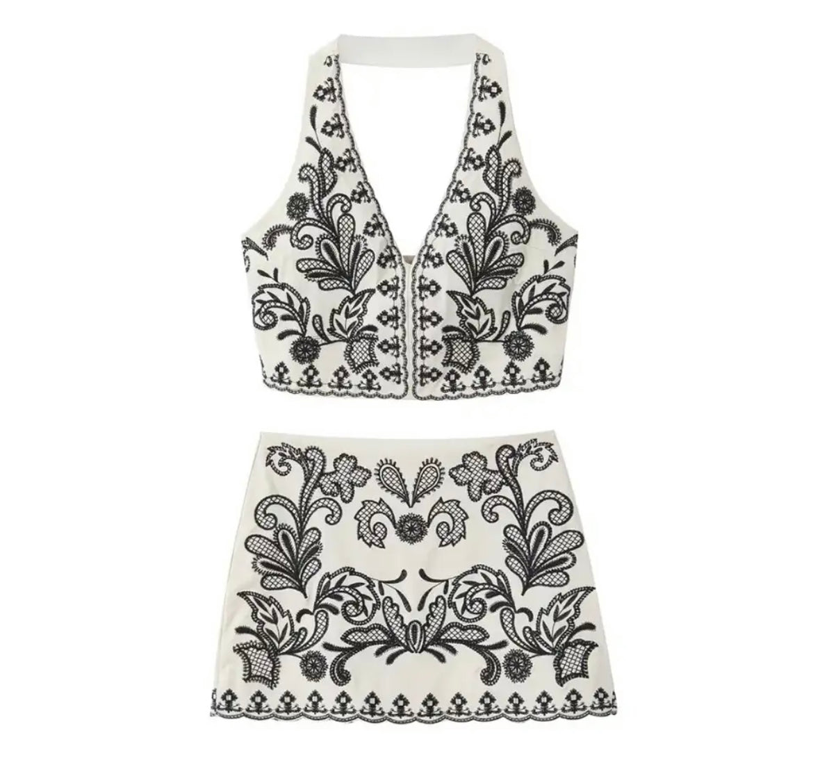 Elegant black and white embroidered crop top and skirt set