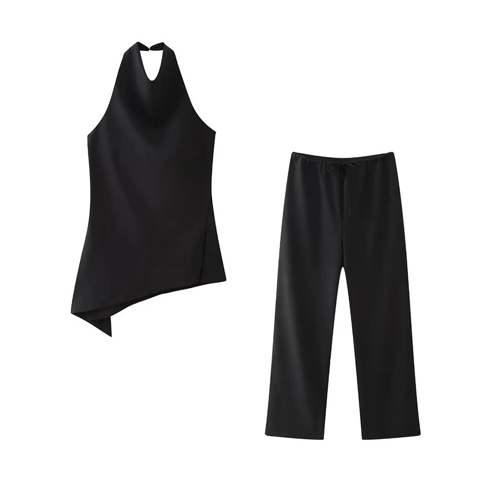 Elegant two-piece set: asymmetric top and wide trousers