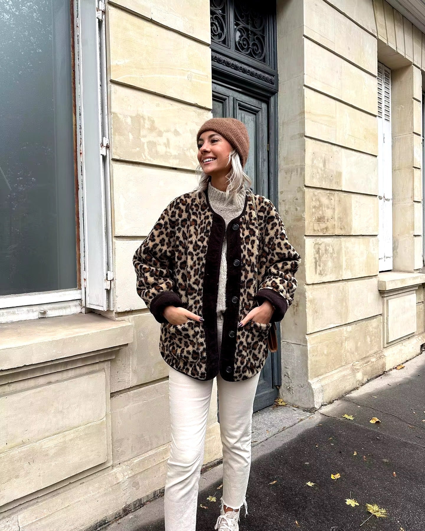 Cozy leopard cardigan with button placket
