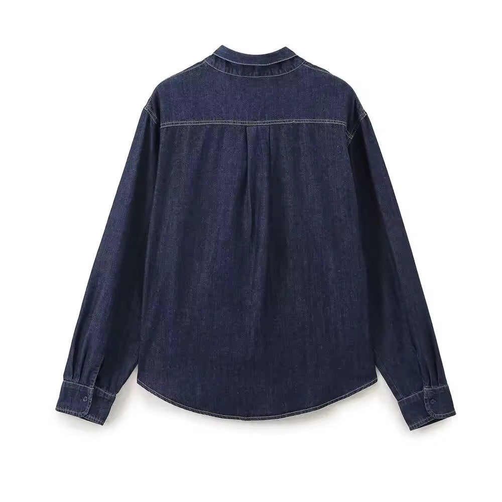 Denim-Bluse mit Schleifenkragen
