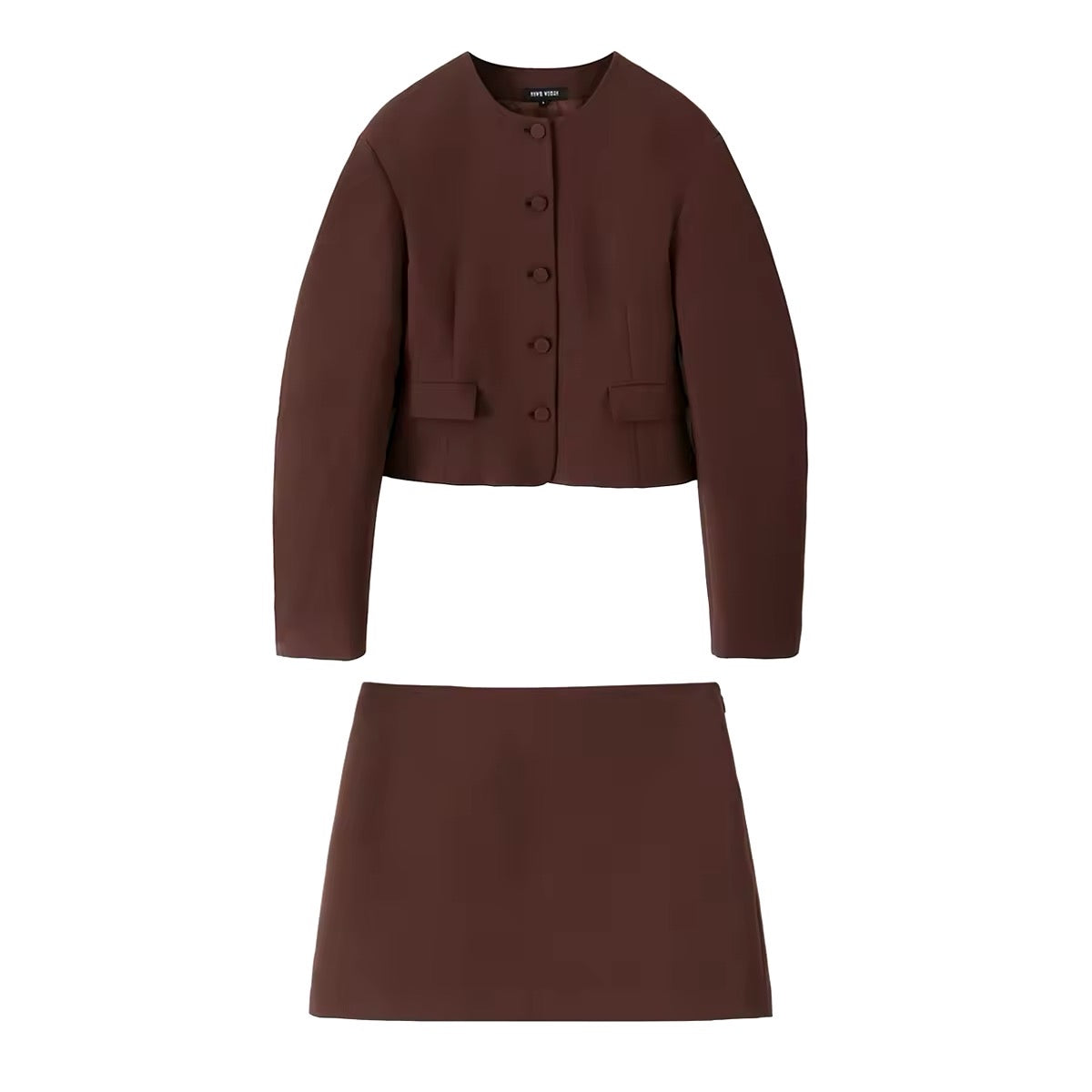 Two-piece set of jacket and miniskirt in brown