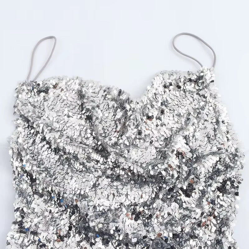 Robe à paillettes argentées scintillantes