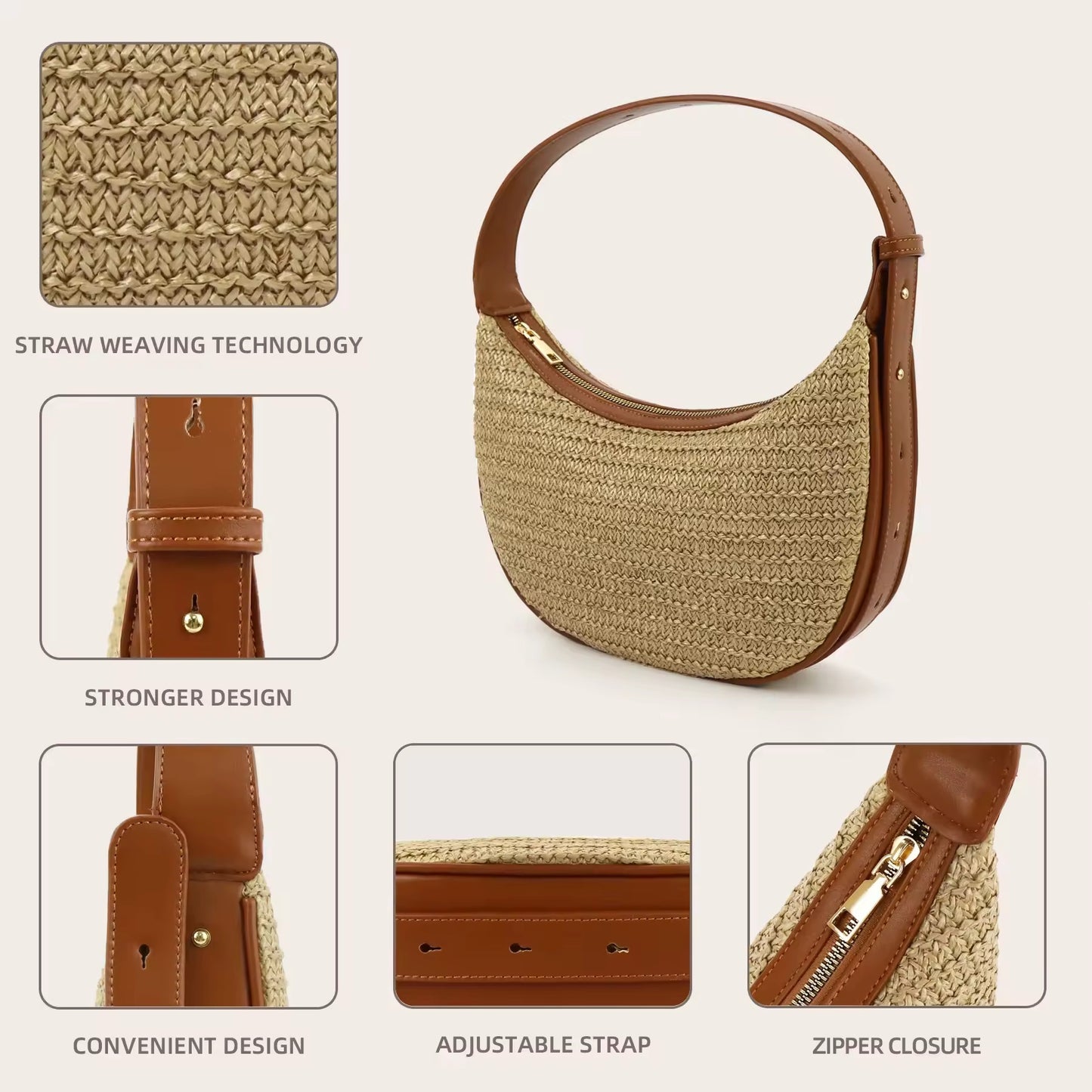 Geflochtene Halbmond-Schultertasche mit Lederdetails