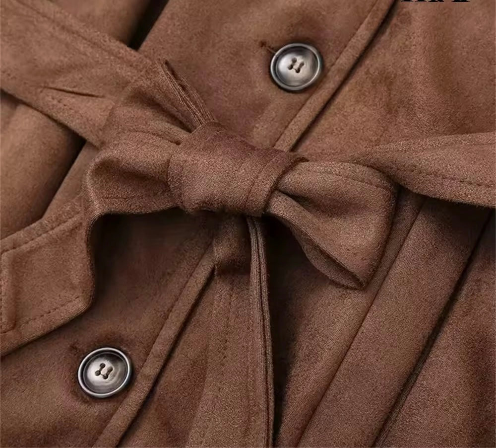 Long suede trench coat in brown