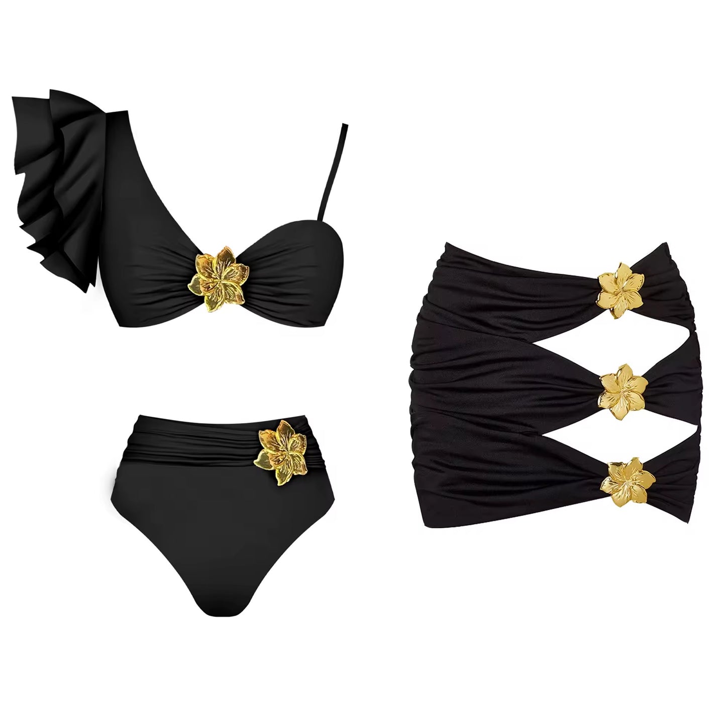 Schwarzes Bikini-Set mit Goldblumen-Details