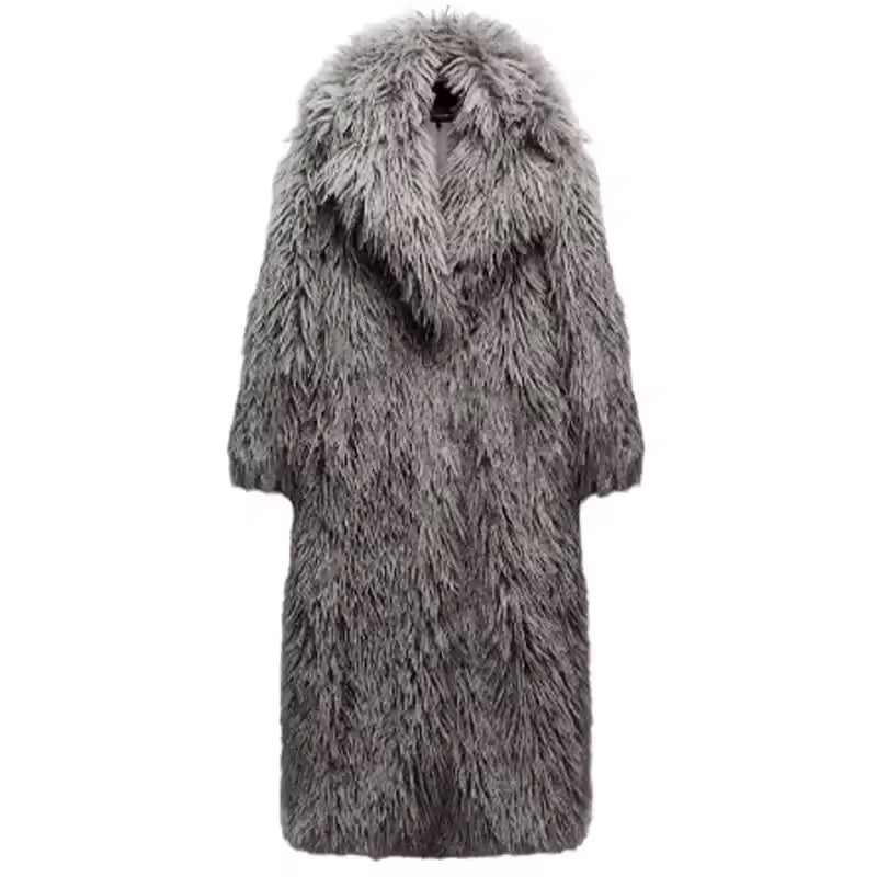 Manteau élégant en fausse fourrure grise avec capuche