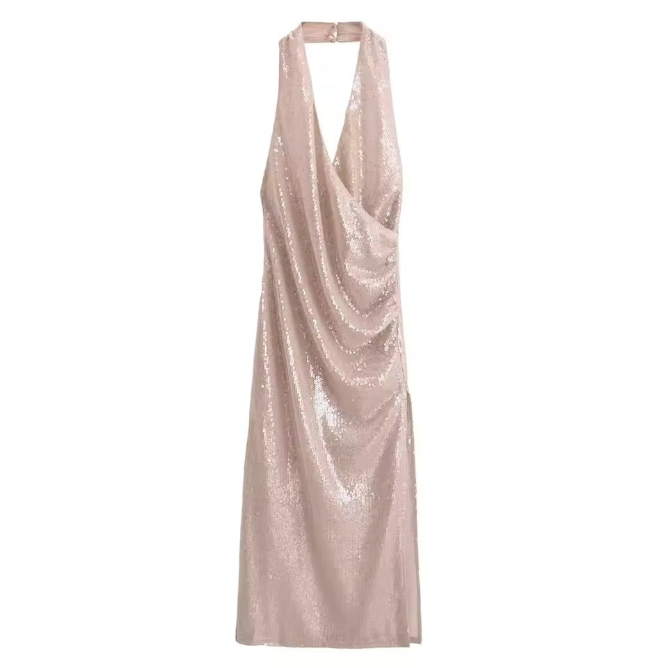 Pailletten-Halskettenkleid mit Wasserfallausschnitt