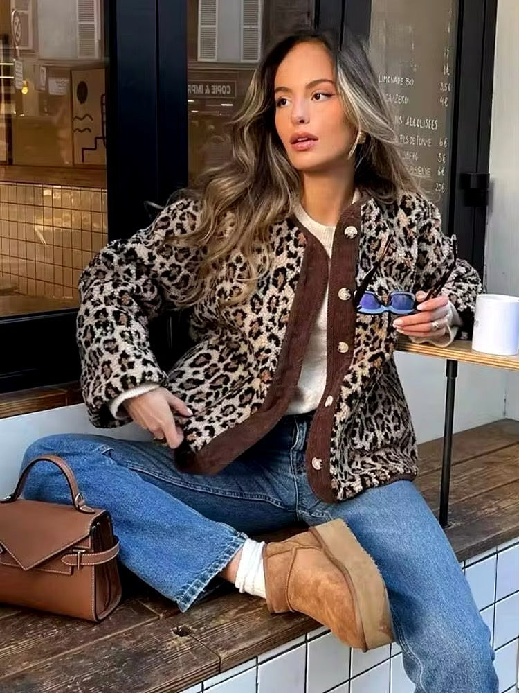 Cozy leopard cardigan with button placket