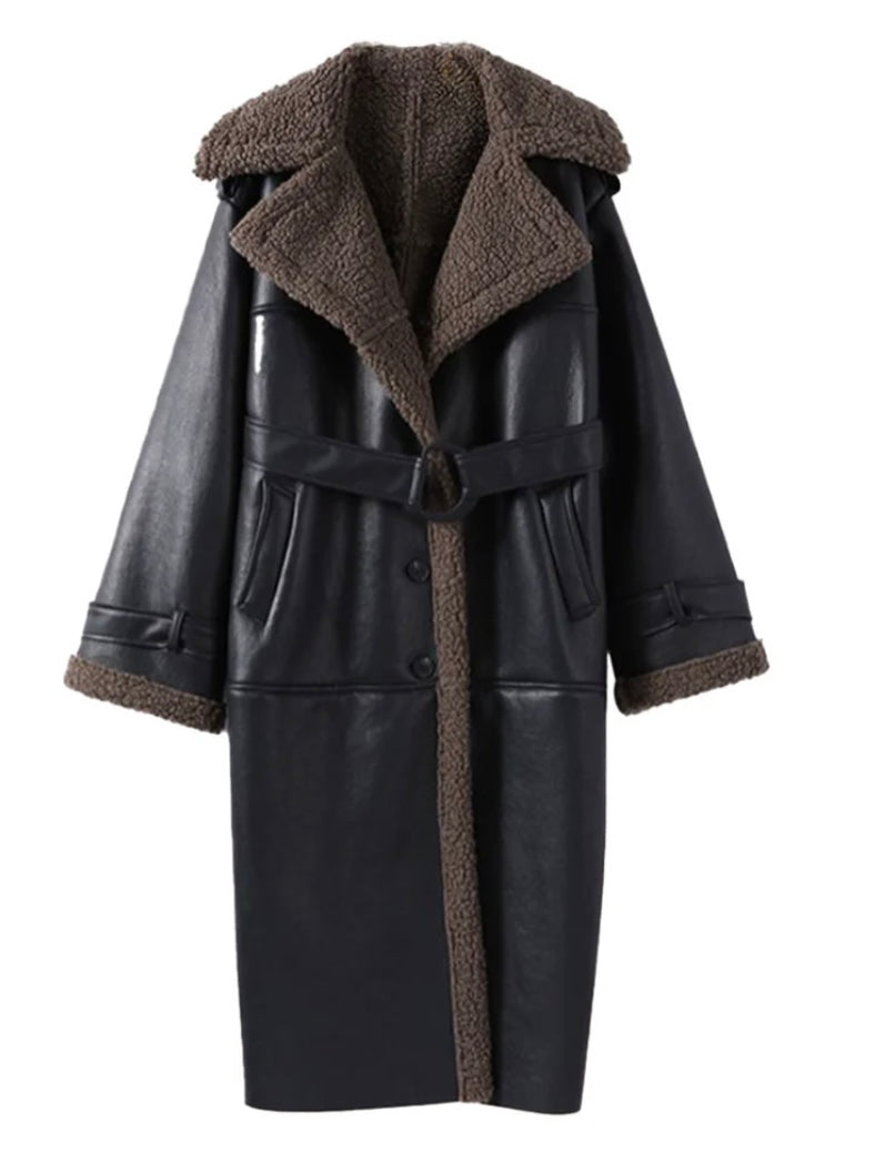 Manteau élégant en similicuir avec doublure en fourrure de peluche
