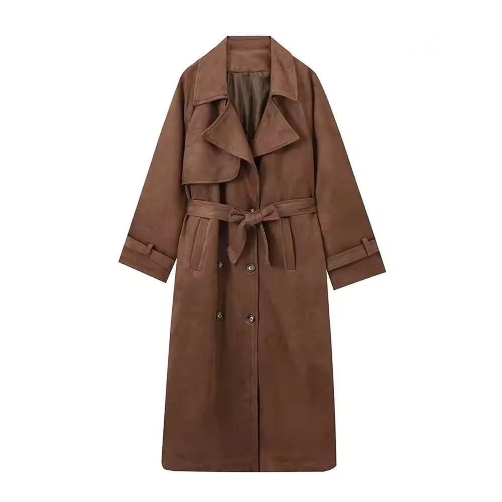 Long suede trench coat in brown
