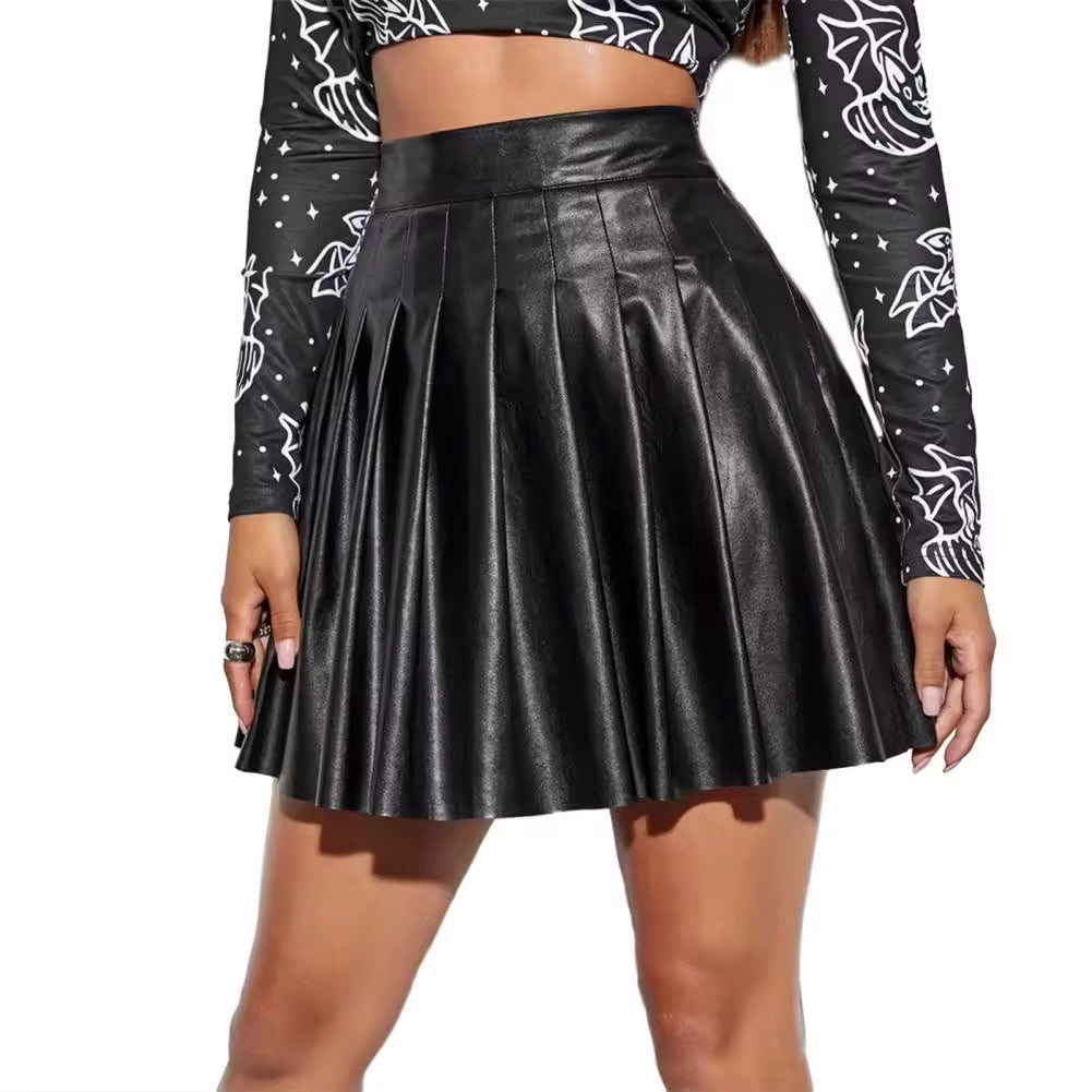 Black leather pleated skirt