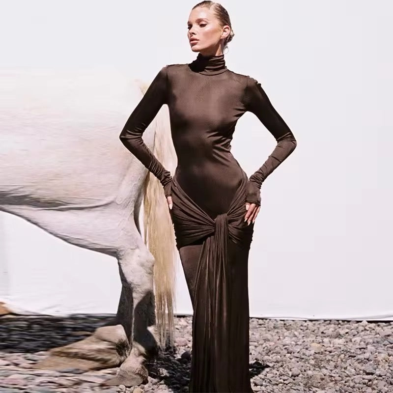 Long Sleeve Brown Maxi Dress with Knot Detail