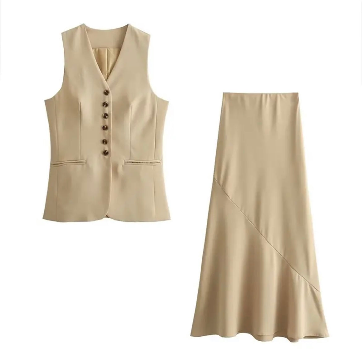 Two-piece women's outfit with vest and skirt in beige