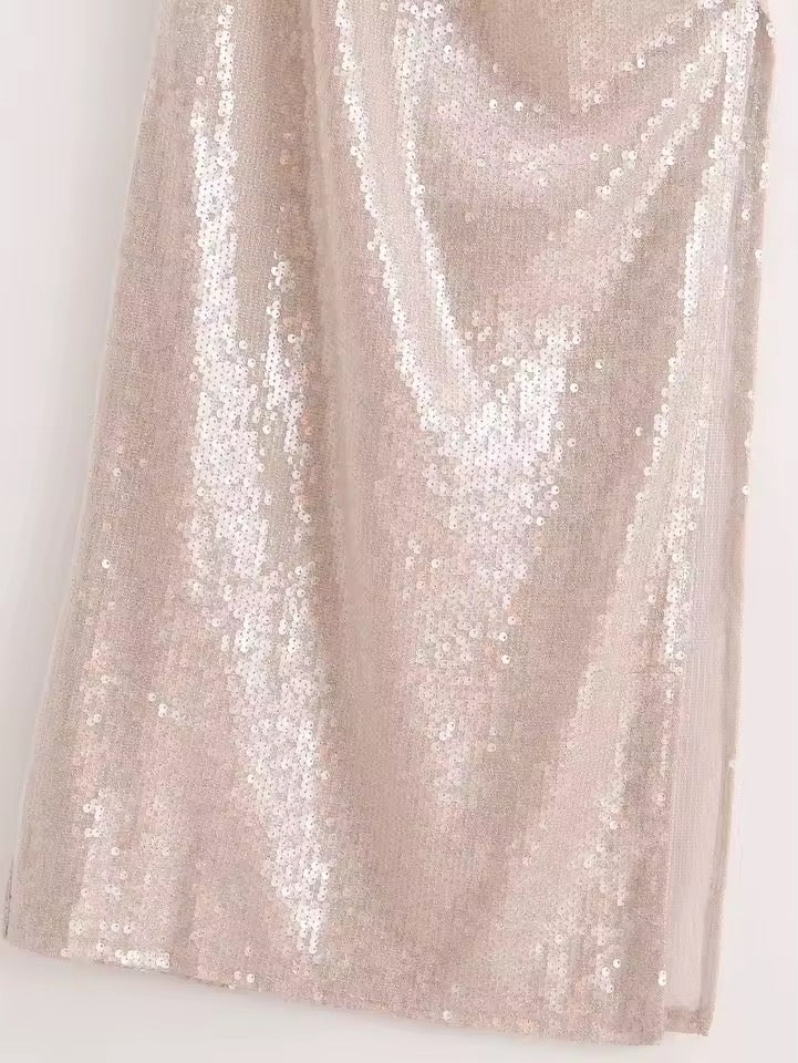 Pailletten-Halskettenkleid mit Wasserfallausschnitt