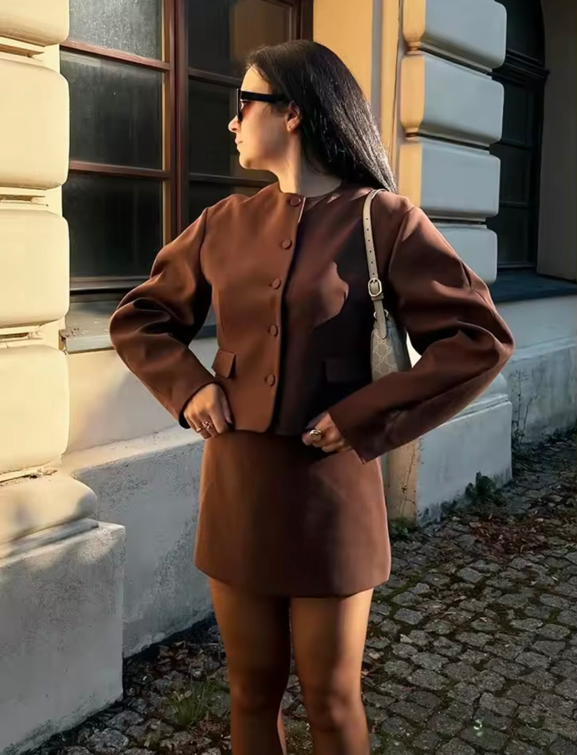 Two-piece set of jacket and miniskirt in brown