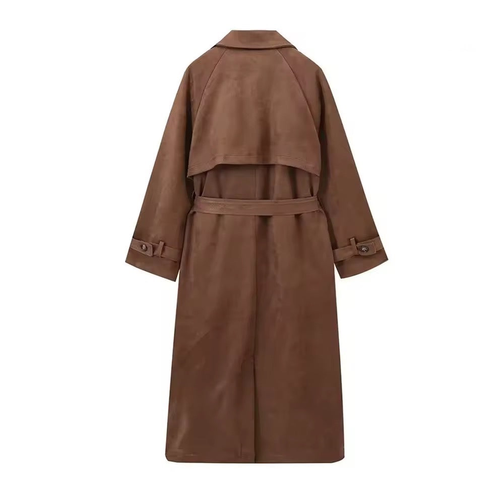 Long suede trench coat in brown