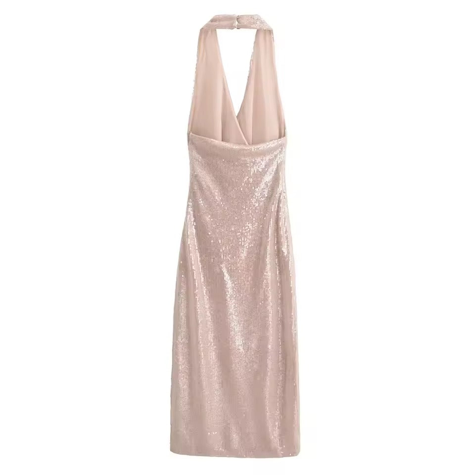 Pailletten-Halskettenkleid mit Wasserfallausschnitt