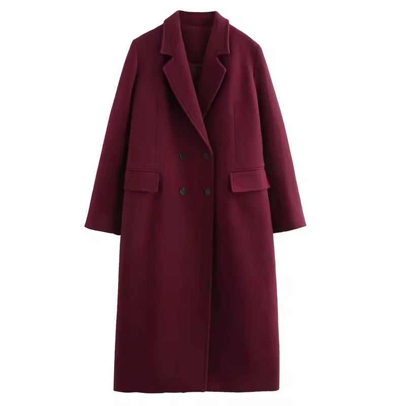 Elegant women's coat in burgundy red - double-breasted classic