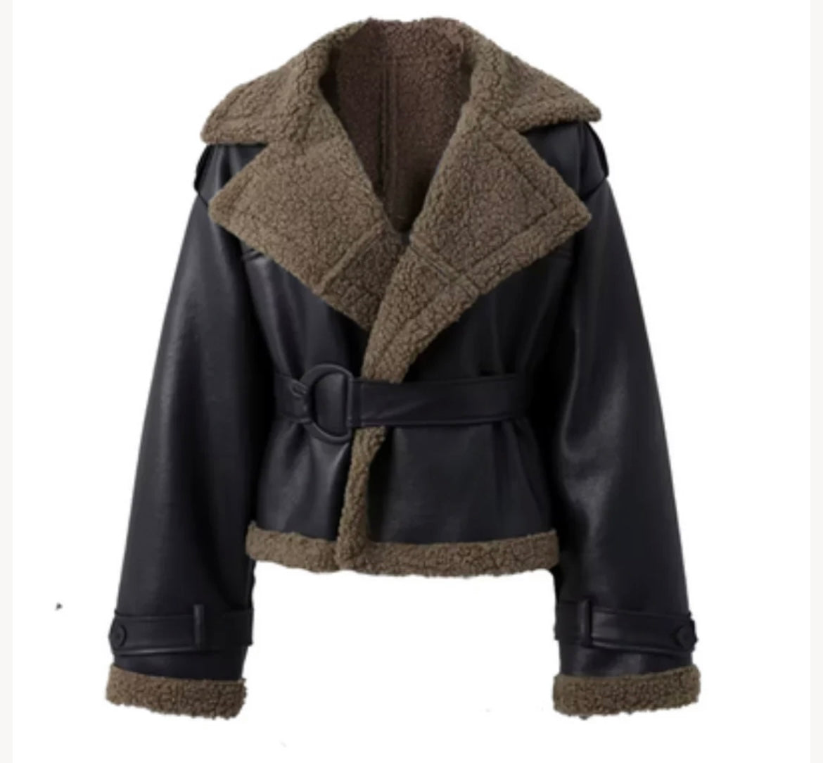 Women's faux leather jacket with teddy fur lining and belt