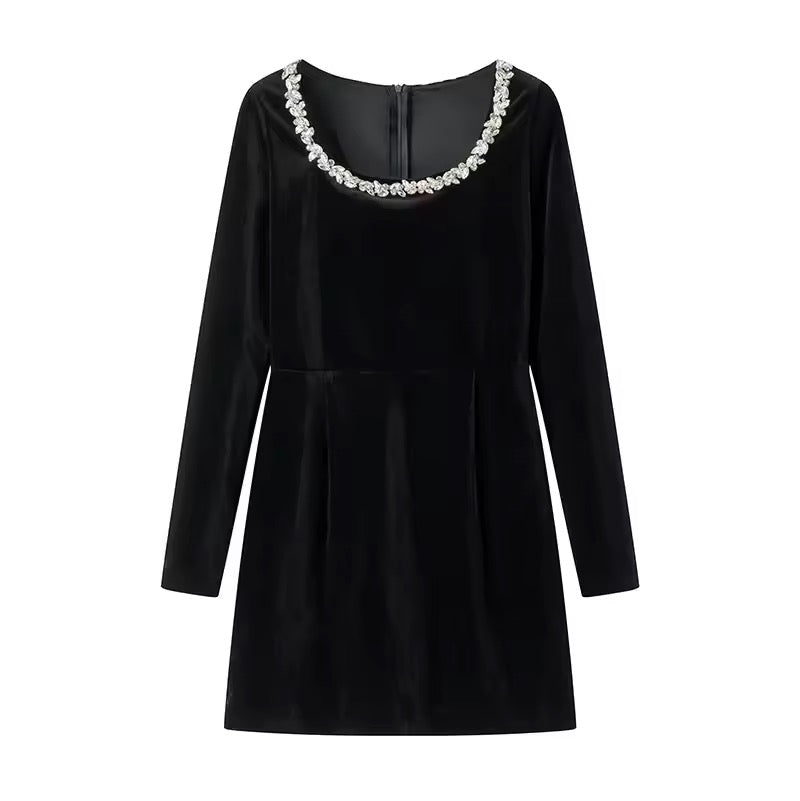 Black velvet dress with pearl embellishment