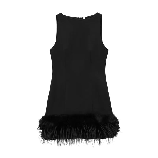 Mini-robe noire avec bordure en plumes