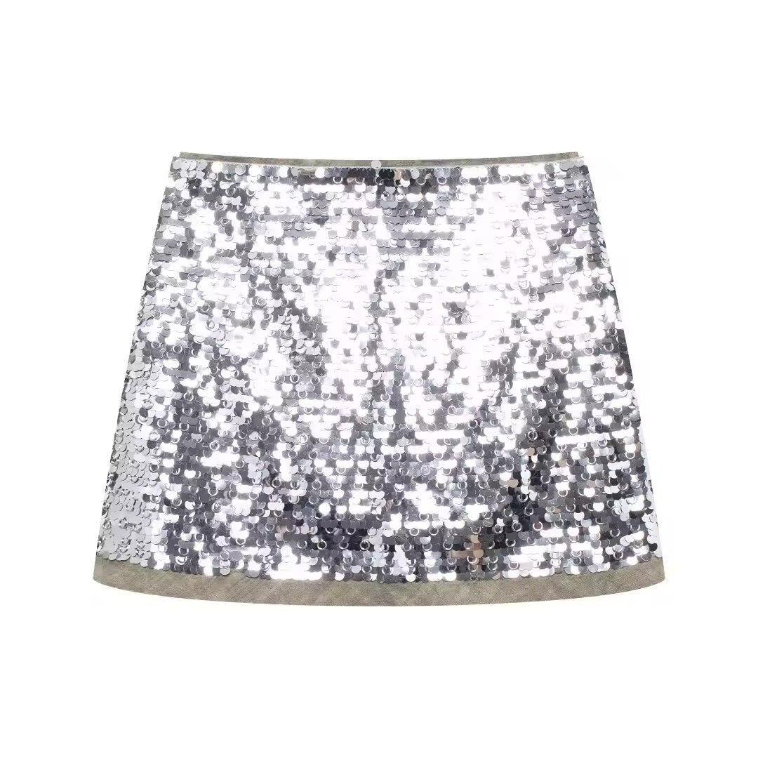 Glamouröses Pailletten-Set – Silberne Weste & Minirock