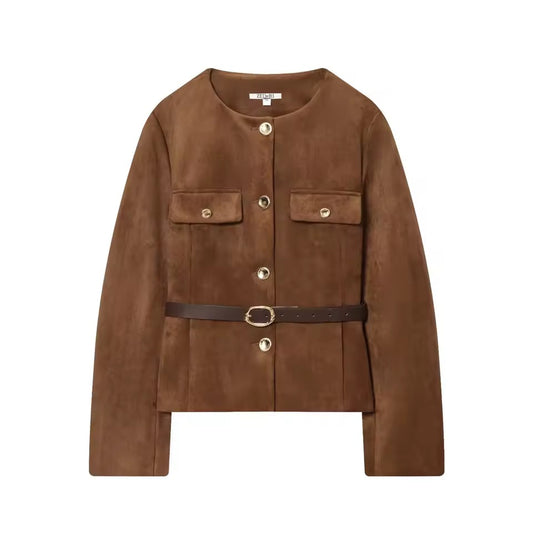 Wildleder-Optik Jacke mit Gürtel