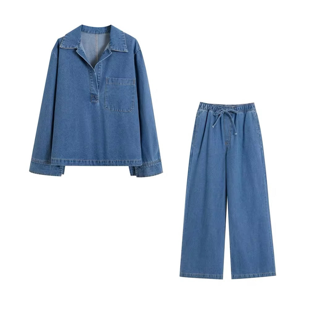 Zweiteiliges Set aus locker sitzendem Denim-Oberteil und Hose