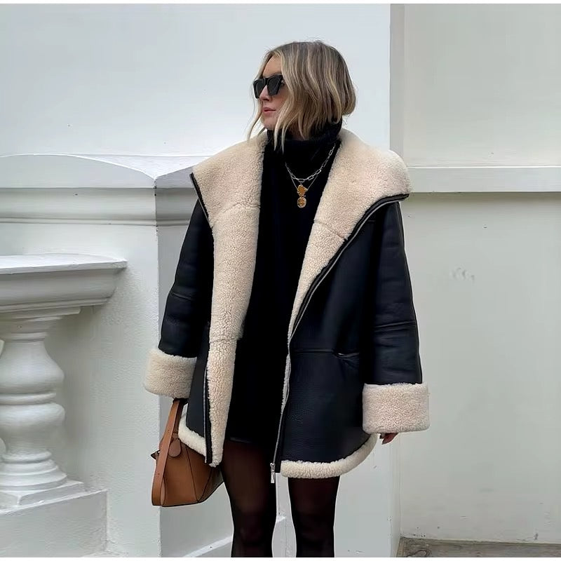 Oversize-Lederjacke mit Shearling-Futter