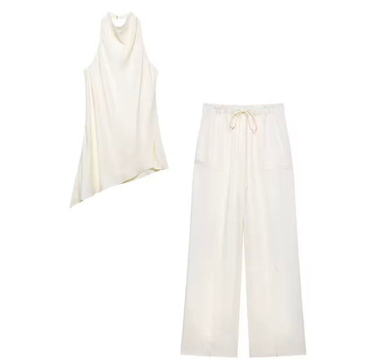Zweiteiler-Set in Creme – Asymmetrisches Top & Wide-Leg Hose