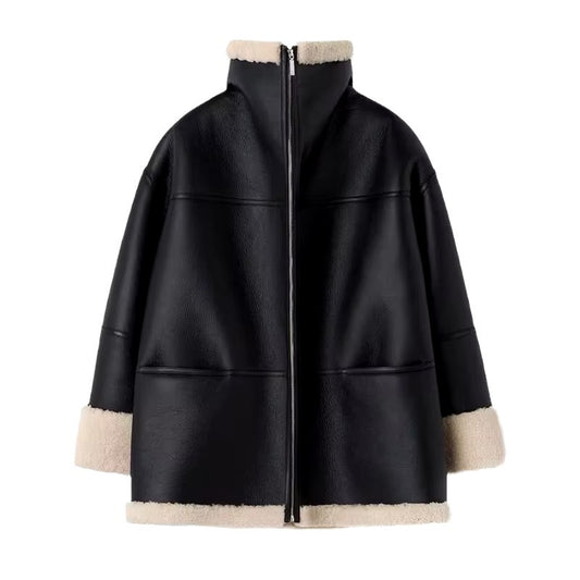 Oversize-Lederjacke mit Shearling-Futter