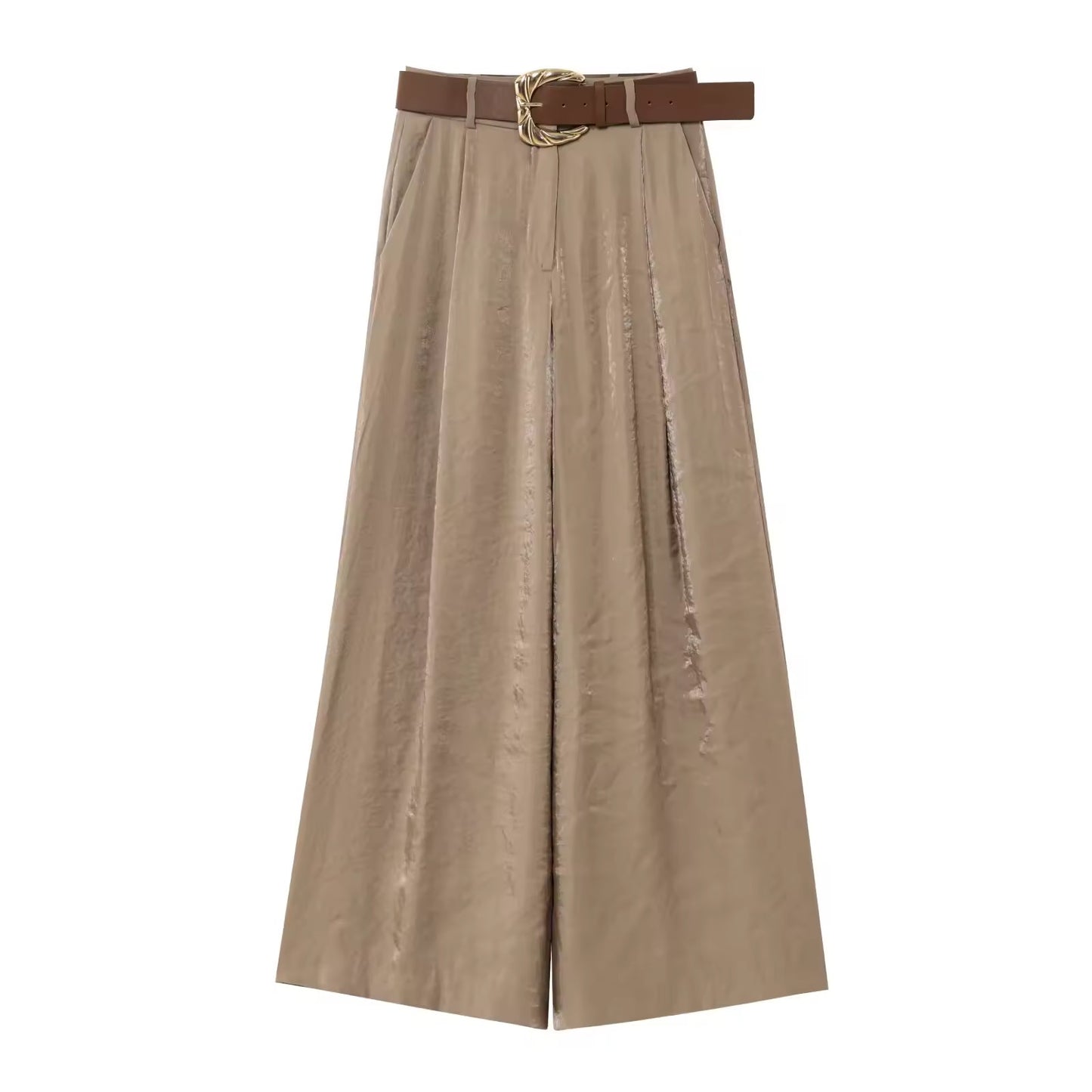 Weite Satin-Hose mit Gürtel in Taupe