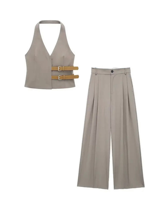 Damen Trendy ärmelloses Set mit Schnallen-Top und weitem Faltenhose in Beige