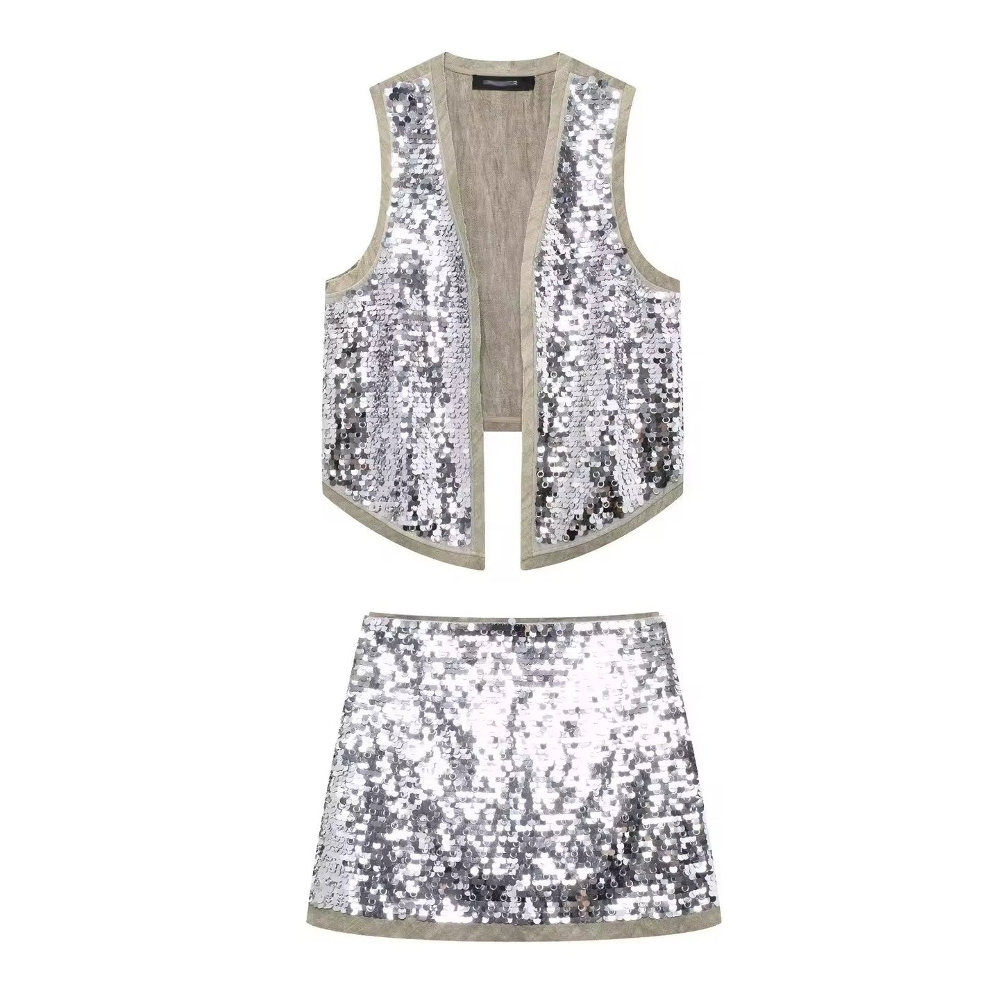 Glamouröses Pailletten-Set – Silberne Weste & Minirock