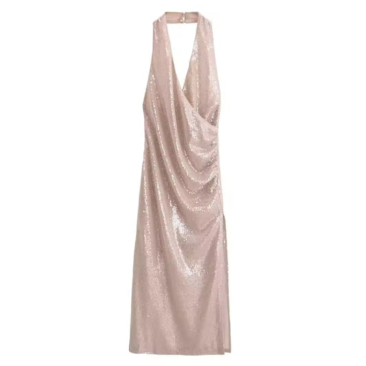 Pailletten-Halskettenkleid mit Wasserfallausschnitt