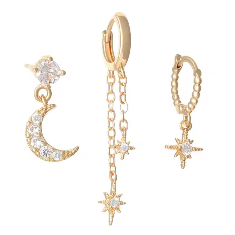 Goldene Ohrringe Set mit Mond & Sternen