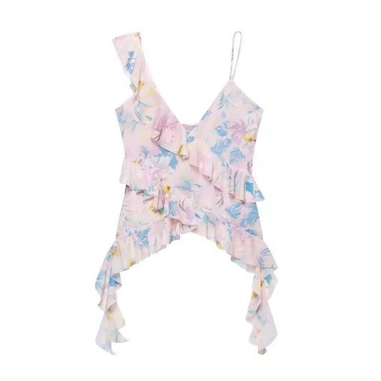 Asymmetrisches Volant-Top mit Blumenprint
