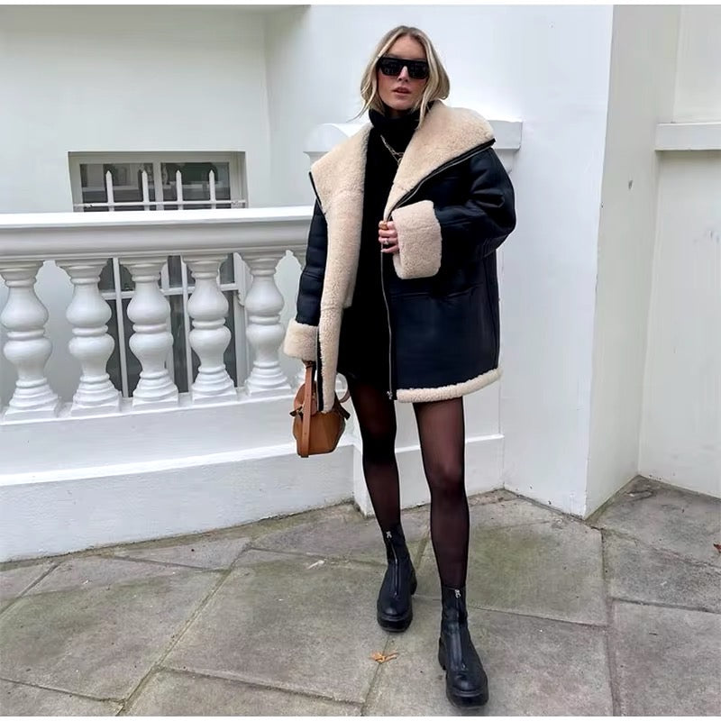 Oversize-Lederjacke mit Shearling-Futter