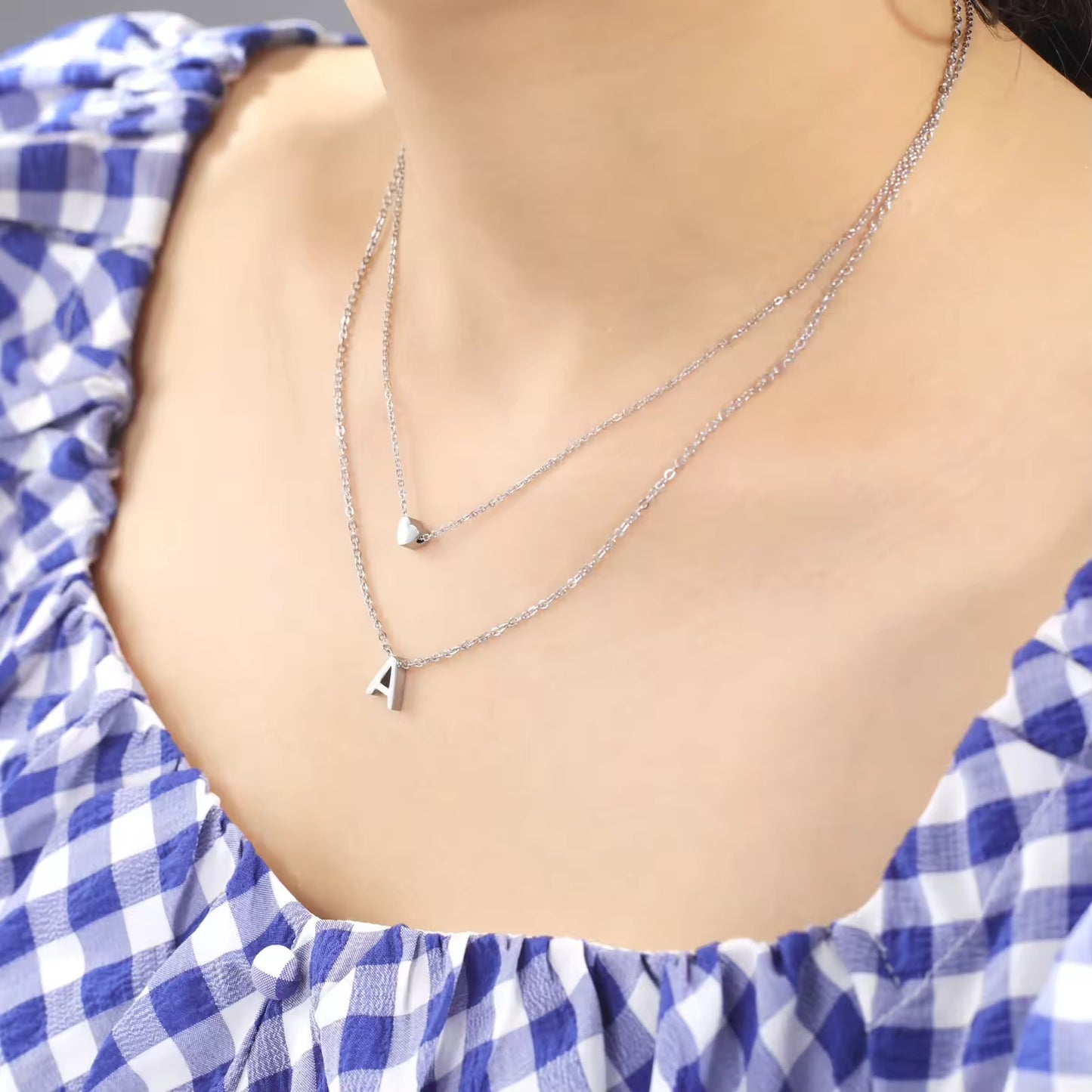 Personalized double necklace with heart and letter pendant